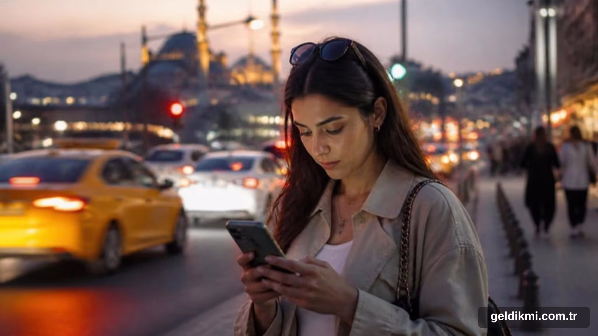 İstanbul'da akşam saatinde telefondaki uygulamadan yolculuk çağıran kadın