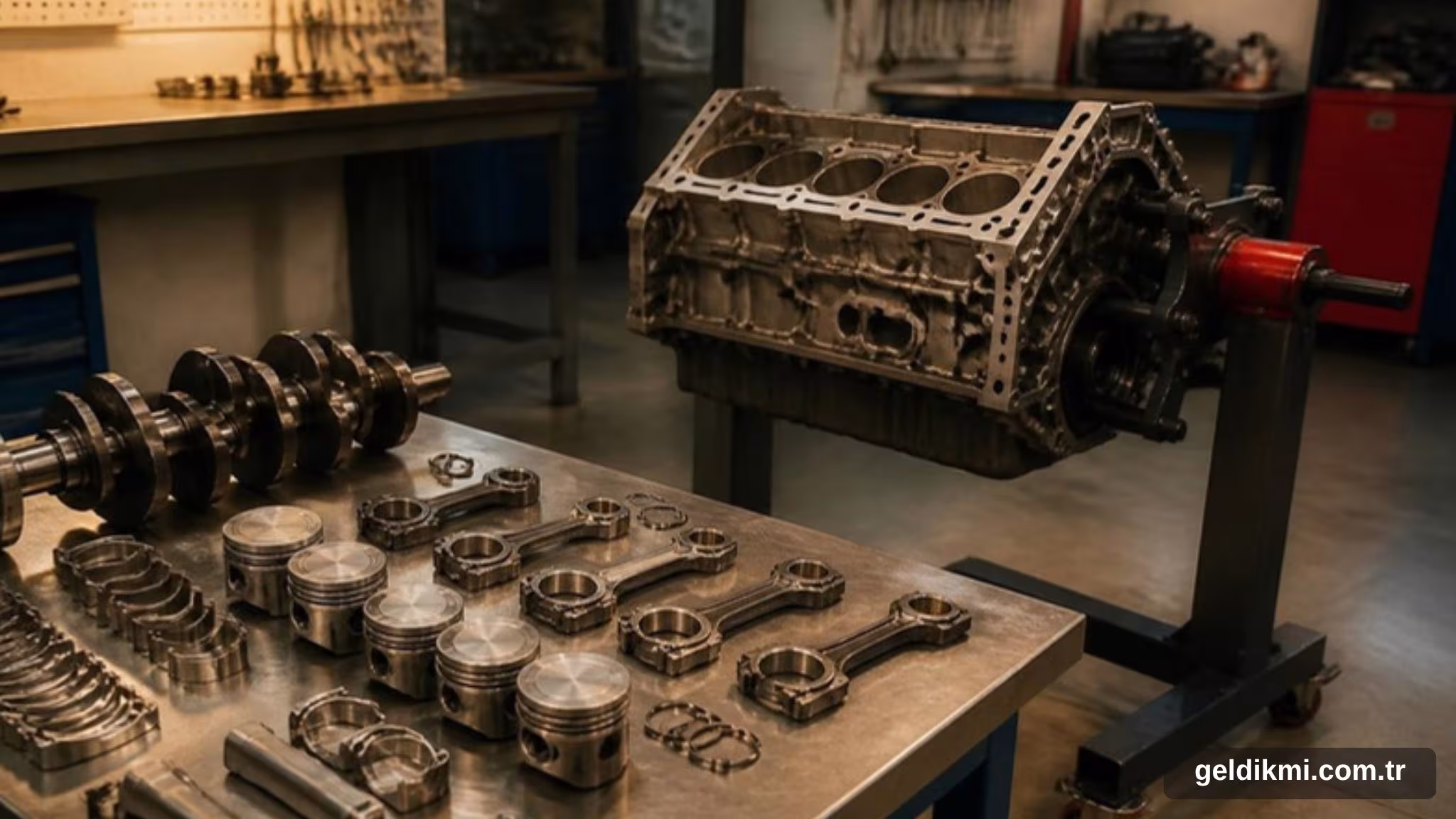 Motor sehpasında sökülmüş motor bloğu ve tezgahta pistonlar