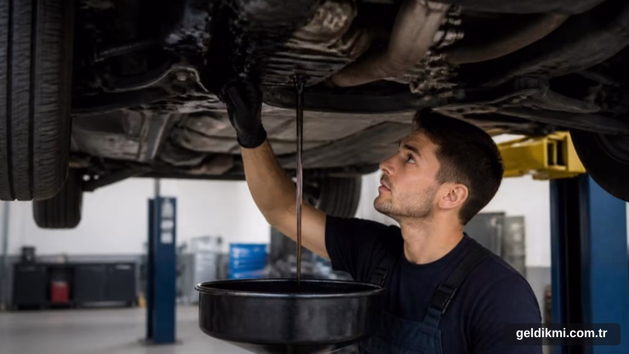 Lifte kaldırılmış otomobilin altından motor yağını boşaltan usta